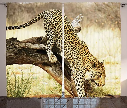 ABAKUHAUS Exotisch Rustikaler Gardine, Leopard-Wilde Katze auf Baum, Schlafzimmer Kräuselband Vorhang mit Schlaufen und Haken, 280 x 245 cm, Grün und Braun