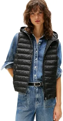 Tommy Hilfiger Damen Weste Padded Global Stripe Vest mit Kapuze, Schwarz (Black), XL - Funktionsjacke mit Reißverschluss, Ärmellos und stylischem Markenlogo – ideal für Outdoor-Aktivitäten und modische Looks.