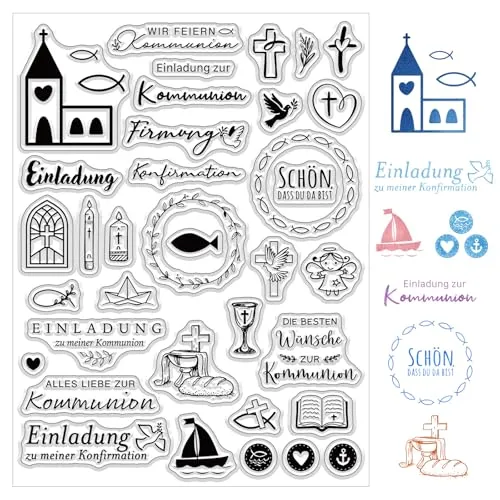 BOOMTOP Silikon Stempel Kommunion Silikonstempel Taufe Klare Stempel Set Einladung Konfirmation Firmung Stempelmotive Clear Stamps Sprüche Deutsch zum Kartenbasteln Scrapbooking Geschenkanhänger