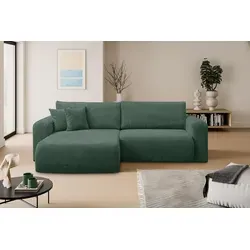 VENASI ROMA Ecksofa mit Schlaffunktion und Bettkasten - Grün - Praktisches Schlafsofa mit Schlaffunktion (125×200 cm) und integriertem Stauraum für Bettwäsche, ideal für kleine Räume. Flexibel montierbare Ottomane und stilvoller Cordstoff sorgen für komfortable Entspannung.