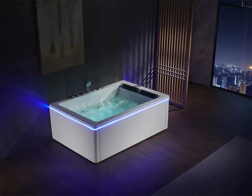 Whirlpool Eckbadewanne für 2 Personen – Spa Erlebnis für Zuhause - Moderne freistehende Eckbadewanne mit integrierten Massagedüsen und Licht-Effekten. Ideal für entspannende Momente zu zweit. Maße: 185 x 125 x 65 cm.
