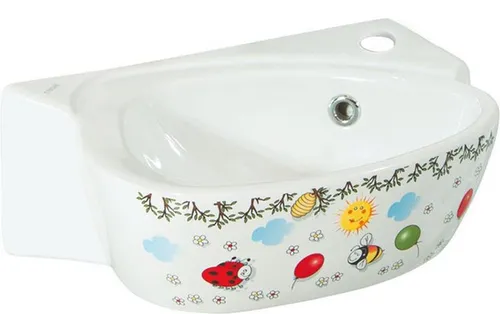KID Keramik Kind-Handwaschbecken mit Farbdruck, 39x29cm - Hochwertiges Keramik-Waschbecken für Kinder, ideal für Kindergärten oder das eigene Bad. Mit fröhlichem Farbdruck und praktischen Funktionen wie Überlauf und 1 Armaturloch.