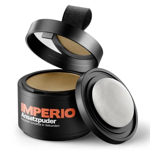 IMPERIO Ansatzpuder - Haar Concealer für dichte Haare (Dunkelblond) - Schnelle Haarverdichtung in Sekunden! Der IMPERIO Ansatzpuder kaschiert lichte Stellen und sorgt für ein volles, natürliches Haarbild. Praktisch für unterwegs mit Spiegel und Schwamm, ideal für alle Frisuren.