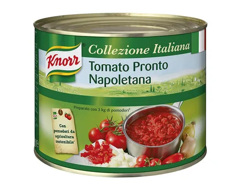 Knorr Collezione Italiana Tomato Pronto Napoletana 2000g - Hochwertige Tomatensauce aus 77% frischen Tomaten, ideal für Pasta, Pizza und Suppen. Die 2000g Großpackung ist perfekt für Gastronomie und bietet ein authentisches italienisches Geschmackserlebnis.