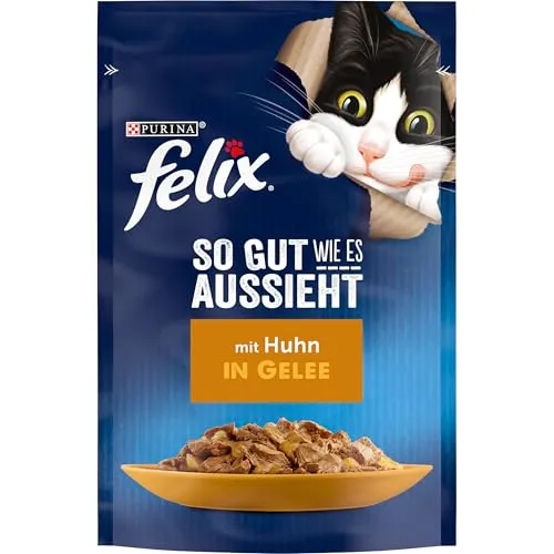 FELIX So gut wie es aussieht Katzenfutter in Gelee mit Huhn, 26er Pack - Dosenfutter für Katzen: 100% komplett & ausgewogen mit zarten Hühnerstückchen, reich an Vitaminen und Omega-6-Fettsäuren für ein glückliches Katzenleben.