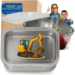 Edelstahl Brotdose Kinder 1000 ml - Brotbox 'Storage' mit Trennwand und Motiv perfekt für Schule und Kindergarten - Motiv Bagger - Silber