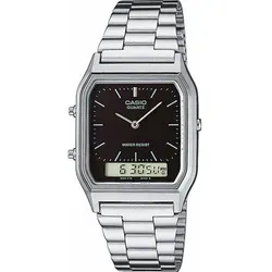 Casio AQ-230A-1D Vintage Retro Herrenarmbanduhr - Unisex Armbanduhr mit analog-digitaler Anzeige, Edelstahlarmband und schwarzem Zifferblatt. Ideal für den täglichen Gebrauch mit Funktionen wie Alarm, Stoppuhr und Kalender.