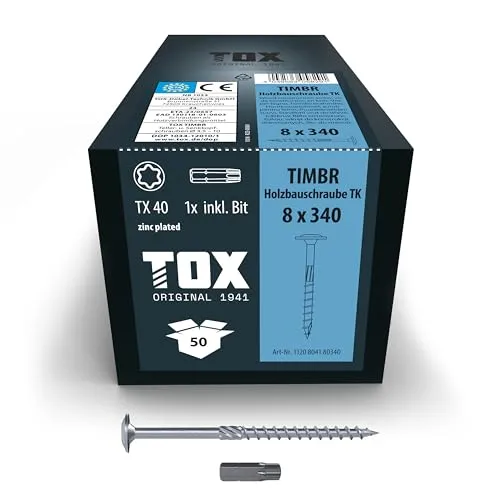 TOX Holzbauschrauben TIMBR TK 8,0 x 340 mm - Hochleistungs-Tellerkopfschrauben für Holzbau - Holzschrauben mit hoher Tragfähigkeit und schneller Montage dank Kerbbohrspitze – ideal für stabile Holzkonstruktionen, 50 Stück im Karton inkl. Bit.