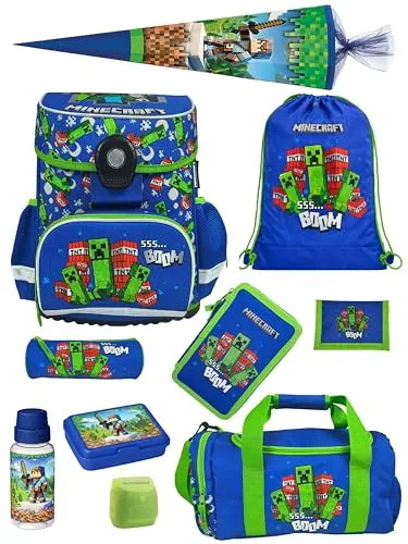 Minecraft Ranzen-Set 10-teilig mit Sporttasche und Schultüte - Blau - Das perfekte Schulranzen-Set für Minecraft-Fans! Leicht, mit viel Stauraum und praktischem Zubehör für einen gelungenen Schulstart. Ideal für Jungen von der 1. bis 4. Klasse.