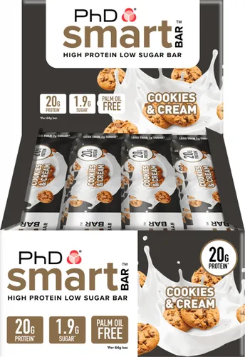 PhD Nutrition Smart Bar Protein Riegel 12 x 64g Cookies and Cream - Proteinriegel mit bis zu 22g Eiweiß pro Riegel, ideal für zuckerarme Ernährung und perfekte Konsistenz für einen knusprig-zarten Genuss.