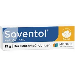 Soventol Hydrocort 0.5% Creme 15 G - Arzneimittel zur Behandlung von entzündlichen und allergischen Hautkrankheiten, enthält 0,5% Hydrocortison für schnelle Linderung von Juckreiz und Entzündungen.