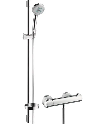 hansgrohe Brause Set Croma 100 Multi 27085000 - Duschsystem mit 90 cm Stange Unica C, inklusive Handbrause und Thermostat für ein komfortables Duscherlebnis