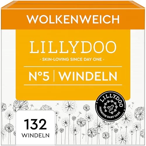 LILLYDOO hautfreundliche Baby Windeln - Größe 5 (11+ kg), Monatsbox (132 Stück), Sicherer Auslaufschutz, Weich, Ohne Parfüme & Lotionen für empfindliche Haut, Dermatologisch getestet