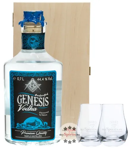 Genesis Vodka Geschenkset mit 2 Gläsern - Genießen Sie den einzigartigen Genesis Vodka zusammen mit zwei perfekt abgestimmten Gläsern. Ideal als Geschenk für besondere Anlässe – jetzt entdecken und Freude bereiten!