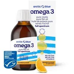 Arctic Blue Omega-3 Fischöl mit Vitamin D - Orangengeschmack - 250ml - Nahrungsergänzungsmittel mit reinem Arktischen Fischöl und Vitamin D, unterstützt Herz, Gehirn und Immunsystem – ohne fischigen Nachgeschmack, mit natürlichem Orangenaroma.