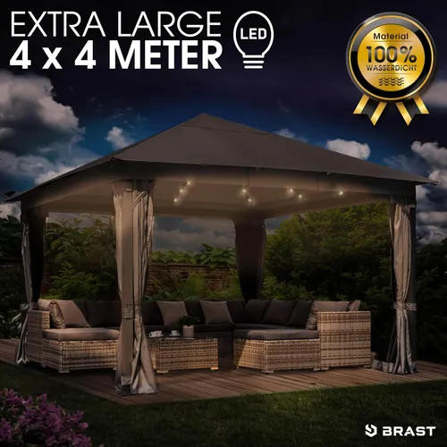 Alu Pavillon INFINITY 4x4m dunkelgrau mit LEDs - Wetterfester Pavillon mit 100% wasserfestem Dach und UV-Schutz 50+, inkl. stimmungsvollem LED-Licht und Moskitonetz für ungestörte Abende im Garten.