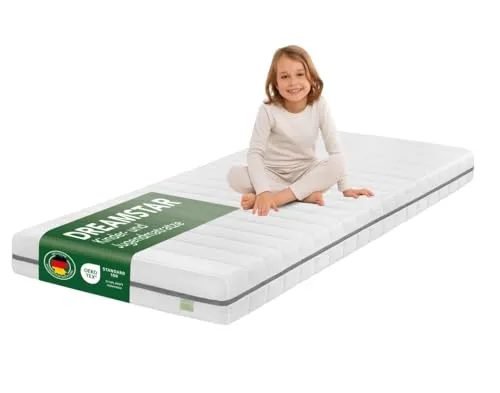 DREAMSTAR Ergo Junior Jugendmatratze 90x200 cm – Ergonomisch & hautfreundlich - Hochwertige Kindermatratze mit optimalem Härtegrad H2 für Kinder bis 60 kg. Der klimaregulierende Bezug sorgt für ein angenehmes Schlafklima und ist bei 60°C waschbar. Ideal für die Entwicklung der Wirbelsäule.