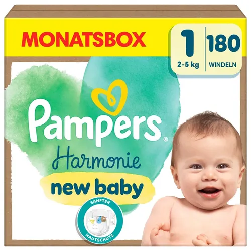Pampers Harmonie Gr.1 Newborn 2-5 kg Monatsbox Windeln - WINDELN für Neugeborene, 180 Stück, mit sanften Materialien für empfindliche Babyhaut und optimalen Schutz.