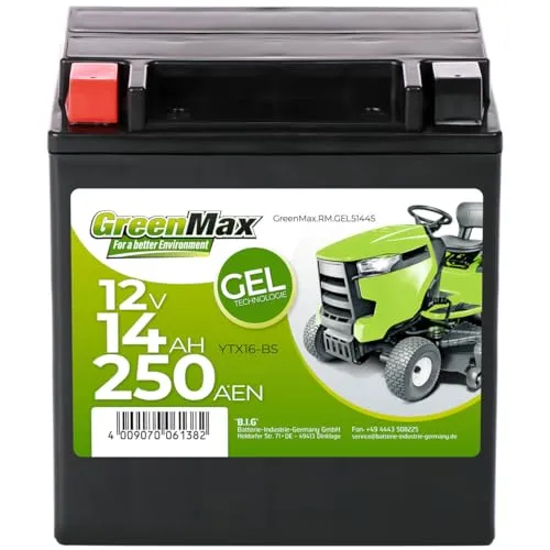 GreenMax Gel 51445 YTX16-BS 12V 14Ah Starterbatterie für Rasentraktoren - Wartungsfreie GEL-Batterie mit hoher Kapazität und extremer Kaltstartleistung, ideal für Rasenmäher und Aufsitzmäher, sofort einsatzbereit.