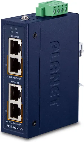 Planet Industrial 2-Port PoE+ Injector IPOE-260-12V - Netzwerk-Switches, leistungsstarker 10/100/1000T Injector mit PoE+ für zuverlässige Stromversorgung über Ethernet-Kabel.