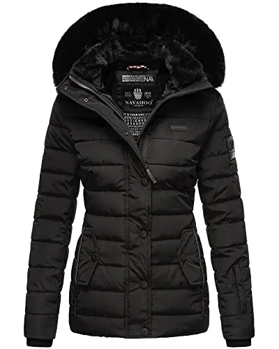 Navahoo Damen Winter Steppjacke Milianaa Black Gr. S - Funktionsjacke mit abnehmbarer Kunstfell-Kapuze, taillierter Schnitt und warmem Teddyfell-Futter – ideal für kalte Tage und Outdoor-Aktivitäten!
