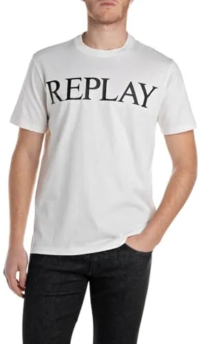 Replay Herren M3099 T-Shirt - Basic Jersey in Natural White, Größe L - T-Shirts für Herren, hochwertiges Basic Jersey aus der REPLAY BASICS KOLLEKTION für komfortablen Tragekomfort und lässigen Style.