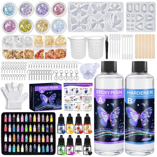 TAVADA Epoxidharz Set 600ml - Glasklar Resin Harz Gießen Set für Anfänger - Modellieren & Gießen - Komplettes Epoxidharz Set mit 300ml Harz, 300ml Härter und umfangreichem Zubehör für kreative DIY-Projekte und Schmuckherstellung.
