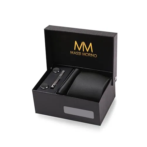 Massi Morino Krawatte Schwarz mit Einstecktuch Set - 5-in-1 Krawattenset für Herren, inklusive hochwertiger Krawatte, Einstecktuch, Manschettenknöpfen und Krawattennadel in edler Geschenkbox – ideal für besondere Anlässe.