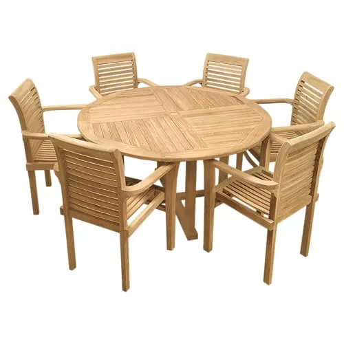 Endorphin Gartenmöbel Set Holz - 7-teilig - Teakholz - Esssets für die Terrasse: Hochwertiges 7-teiliges Set aus wetterfestem Teakholz mit großem runden Tisch und sechs stapelbaren Stühlen – ideal für gesellige Runden im Freien.