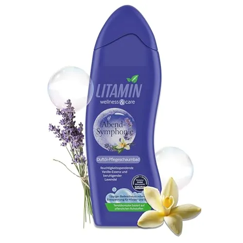 Litamin Wellness und Care Duftöl Schaumbad Abend Symphonie 750ml - Duschlotionen & Duschgels – Entspannen Sie mit diesem luxuriösen Schaumbad, das für alle Hauttypen geeignet ist und ein beruhigendes Dufterlebnis bietet.
