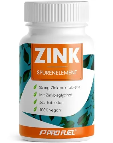 ProFuel Zink 25mg - 365 vegane Tabletten - Hochdosiertes Zink-Bisglycinat für höchste Bioverfügbarkeit, 100% vegan und ideal für das Immunsystem. 1 Jahresvorrat aus biologisch abbaubarer Dose, laborgeprüft in Deutschland.