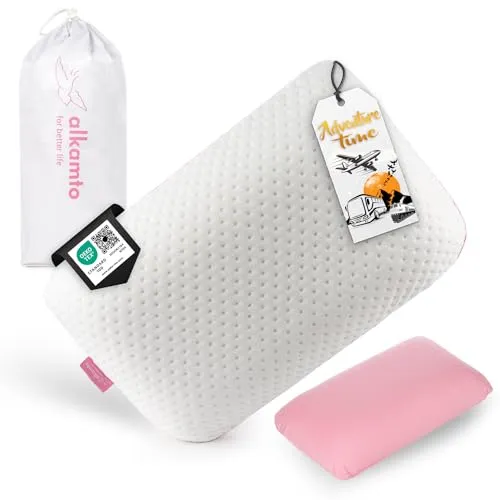 alkamto Reisekissen – Campingkissen – Ergonomisches Memory-Schaum-Kissen mit Temperaturregulierendem Bezug – Extra Baumwollbezug – Inklusive Reisetasche