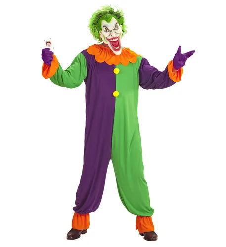 Widmann 2tlg. Kostüm "EVIL JOKER" - Violett, inkl. Maske und Overall mit Trompetenärmeln und Zierbommel für ein auffälliges Halloween-Outfit