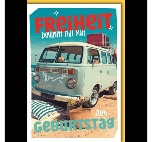 Verlag Dominique Geburtskarten Glückwunschkarten zur Geburt Doppelkarte Freiheit beginnt mit Mut zum Geburtstag Motiv VW Bus am Strand mit Blumen und Koffer in bunten Farben mit Umschlag