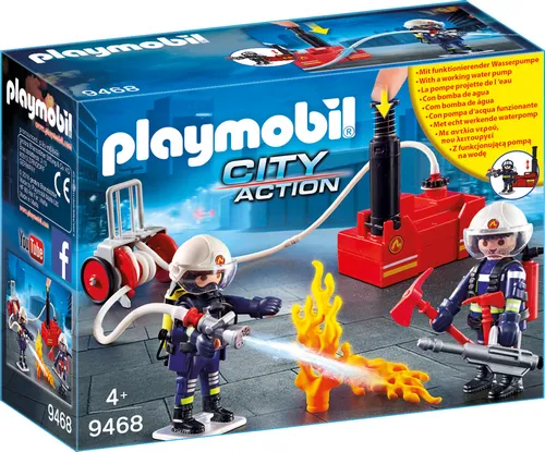 PLAYMOBIL City Action 9468 Feuerwehrmänner mit Löschpumpe - Playmobil Feuerwehrset mit Löschpumpe, interaktivem Löschen und umfangreichem Zubehör für spannende Abenteuer ab 4 Jahren.