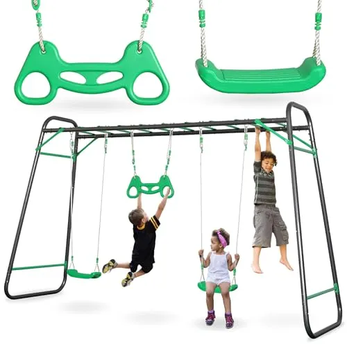 HyperMotion Swing HYP17 XXL Gartenschaukel-Set mit Kletterleiter und Turntrapez - Robuste XXL-Gartenschaukel mit 2 verstellbaren Sitzen und Kletterleiter für aktiven Spielspaß im Freien. Stabiler Stahlrahmen für maximale Sicherheit und Langlebigkeit – ideal für Garten und Terrasse.