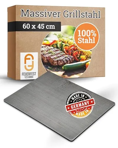 Feuerfest 123 Stahl Grillplatte 60x45cm – Perfekte Grill-Ergebnisse mit 8mm Stärke - Massive Grillplatte aus 100 % legiertem Stahl für Kohle- & Gasgrills. Ideal für Pizza, Burger und Steak. Hitzebeständig, leicht zu reinigen und in Handarbeit gefertigt – ein Must-Have für jeden Grillfan!
