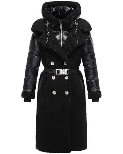 Navahoo Damen Langer Materialmix-Wintermantel mit Plüsch und Kapuze - Stylischer Wintermantel mit modernem Materialmix aus kuscheligem Teddy-Kunstfell und glänzenden Stepp-Elementen. Ideal für kalte Tage dank wärmendem Futter und wandelbarem Kapuzeneinsatz.