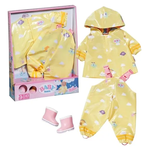 Baby Born Deluxe Regen-Outfit 43 cm - Puppenkleidung für BABY born mit wasserabweisendem Regenmantel, Regenhose in fröhlichem Gelb und rosa Gummistiefeln – perfekt für nasse Abenteuer!