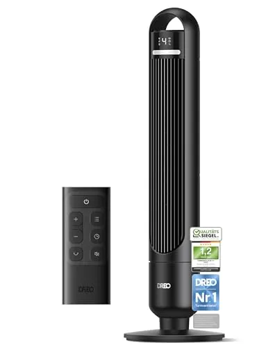 Dreo 23dB Leiser Turmventilator - Turmventilator mit 9,8 m Windreichweite, 4 Geschwindigkeiten und 3 Modi für optimale Kühlung und leisen Betrieb – ideal für Schlafzimmer und Wohnzimmer.