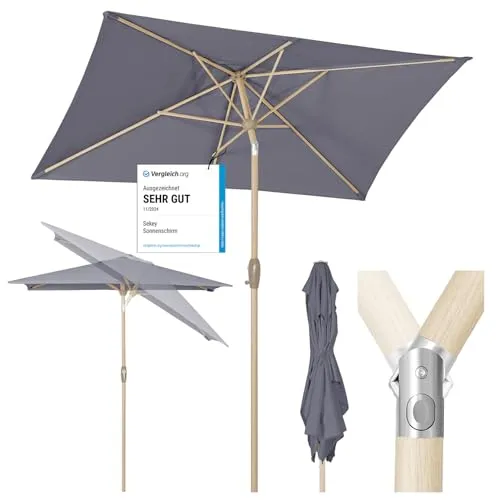 Sekey Sonnenschirm 210 x 140cm - Rechteckiger Balkonschirm in Holzoptik - Sonnenschirm mit Kurbel, UV50+ Schutz und korrosionsbeständigem Aluminium, ideal für Balkon und Terrasse.