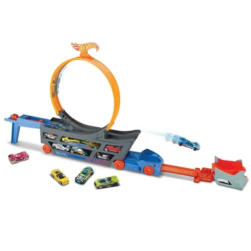 HOT WHEELS Stunt N Go Transporter und Trackset - Lastwagen für Kinder mit authentischem Looping, tragbar und ideal für epische Stunts, inklusive Hot-Wheels-Auto und Platz für 18 Fahrzeuge.