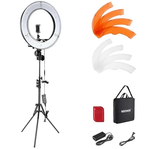 NEEWER 18 Zoll Ringlicht Set mit Stativ - Dauerlichter: Dimmbare 55W LED Ringleuchte mit Bluetooth Fernbedienung, perfekt für YouTube, TikTok und professionelle Fotos.