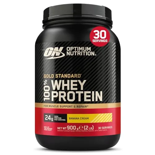 Optimum Nutrition Gold Standard Whey Protein Banana 900 g - Sportnahrung mit hochwertigem Molkeprotein, über 80% Protein pro Portion, ideal zur Unterstützung Ihrer Fitnessziele und einfach in Wasser oder Milch löslich.