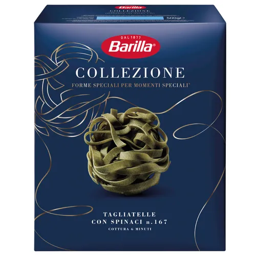 Barilla Collezione Tagliatelle con Spinaci 500g - Nudeln mit feinem Spinat-Aroma, vegan und ohne künstliche Zusätze – ideal für Pasta-Liebhaber, die Wert auf hochwertige Zutaten und Geschmack legen.