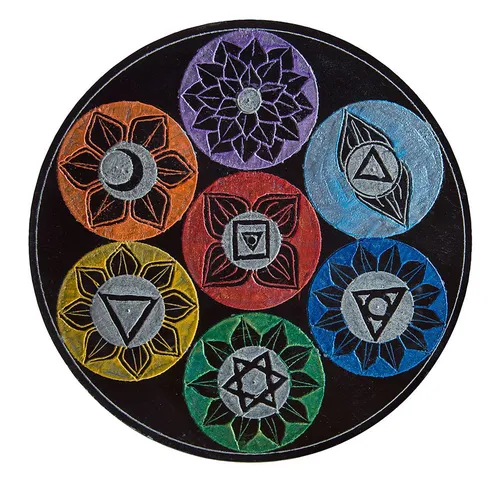 Saraswati Räucherstäbchen-Halter Räucherstäbchenhalter "7 Chakren" Black Stone graviert, mehrfarbig 13c