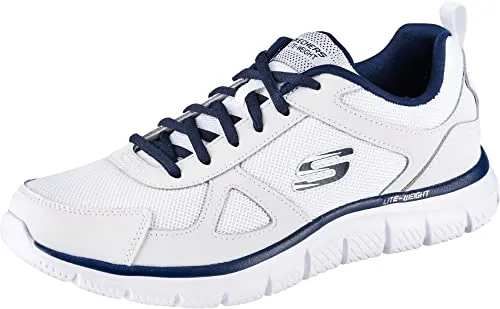 Skechers Herren Track Scloric Sneaker - Weiß mit Navy Trim, 46 EU - Herren-Sneaker mit atmungsaktivem Obermaterial aus Leder und Mesh, perfekte Dämpfung durch gepolsterte Memory-Schaum-Einlegesohle für maximalen Komfort beim Training.