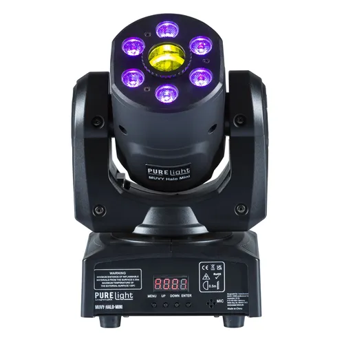 PURElight MUVY Halo Mini - Kompaktes Hybrid-Spotlight und Washlight mit 60W LED und RGBW-Farben, ideal für kreative Lichtshows und Veranstaltungen.