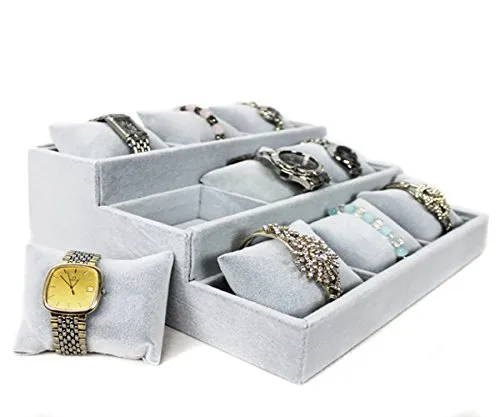 Markenlos Schmucktreppe Uhrenständer Juwelier Display 3 Ebenen 9 Uhrenkissen grau