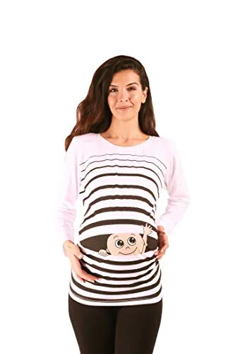 Winke Winke Baby - Lustige witzige süße Umstandsmode gestreiftes Umstandsshirt mit Motiv für die Schwangerschaft, Langarm (Weiß, Medium)